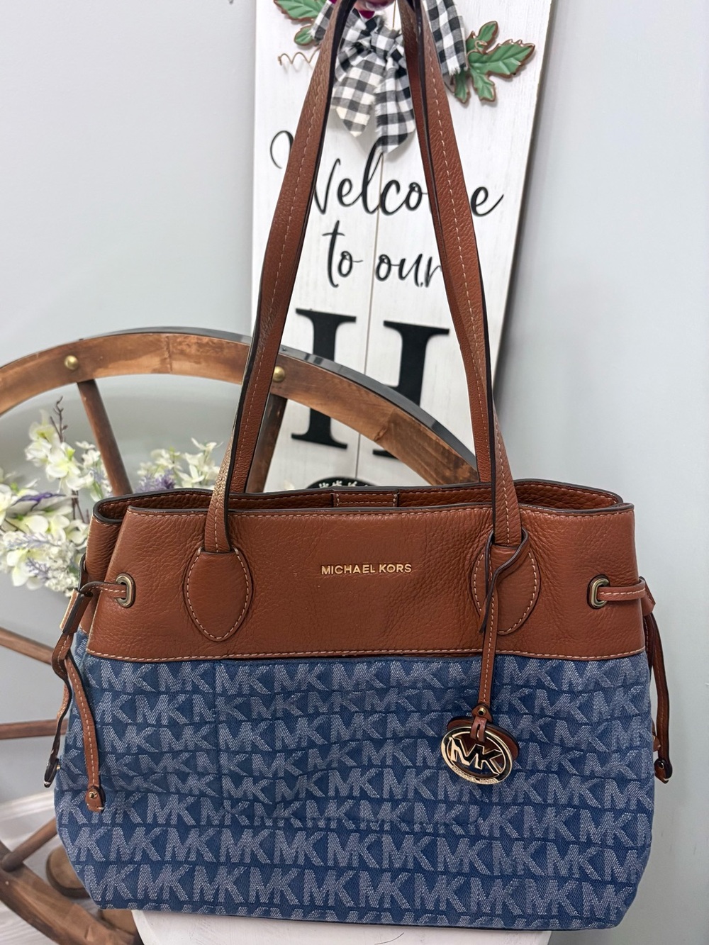 MICHAEL KORS Blue MK Logo Denim Tote with Brown Leather Trim and Gold Charm